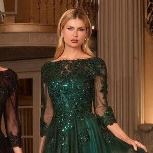 New Formal Tulle Lace Embroidered Maxi Gown w/ 3/4 Sleeves & V-Back CD J883
